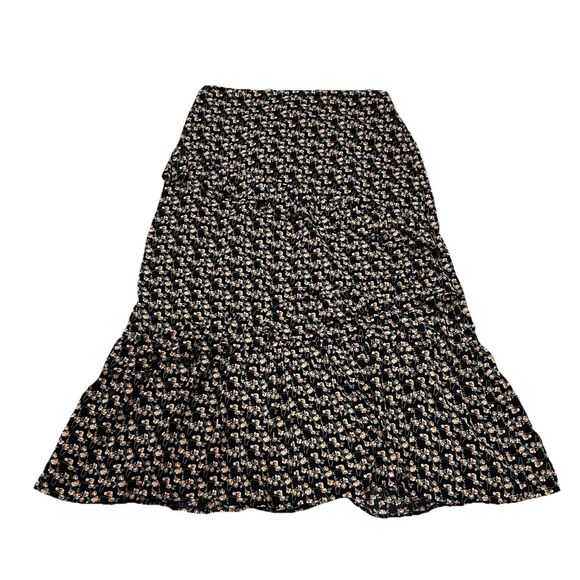 Luna Floral Black Peach Tiered Ruffle‎ Midi Skirt Medium Peasant Cottagecore Y2K - Picture 1 of 5